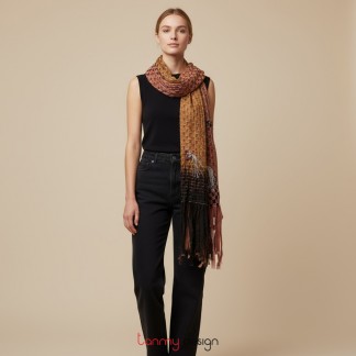 Brown Kim Long hand-knitted organza silk and velvet scarf with lazy buttons